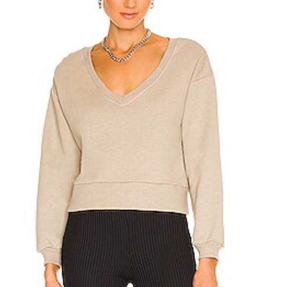 Revolve Lovers & Friends Miela V-Neck Cotton Sweatshirt Beige Taupe Size XS - Picture 2 of 7